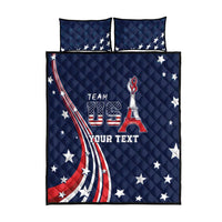 Blue quilt bed set with Team USA Eiffel graphic, stars and stripes; two matching pillowcases