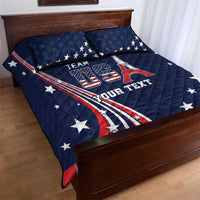 Blue quilt bed set with Team USA stars-and-stripes design, bold text, and two pillowcases