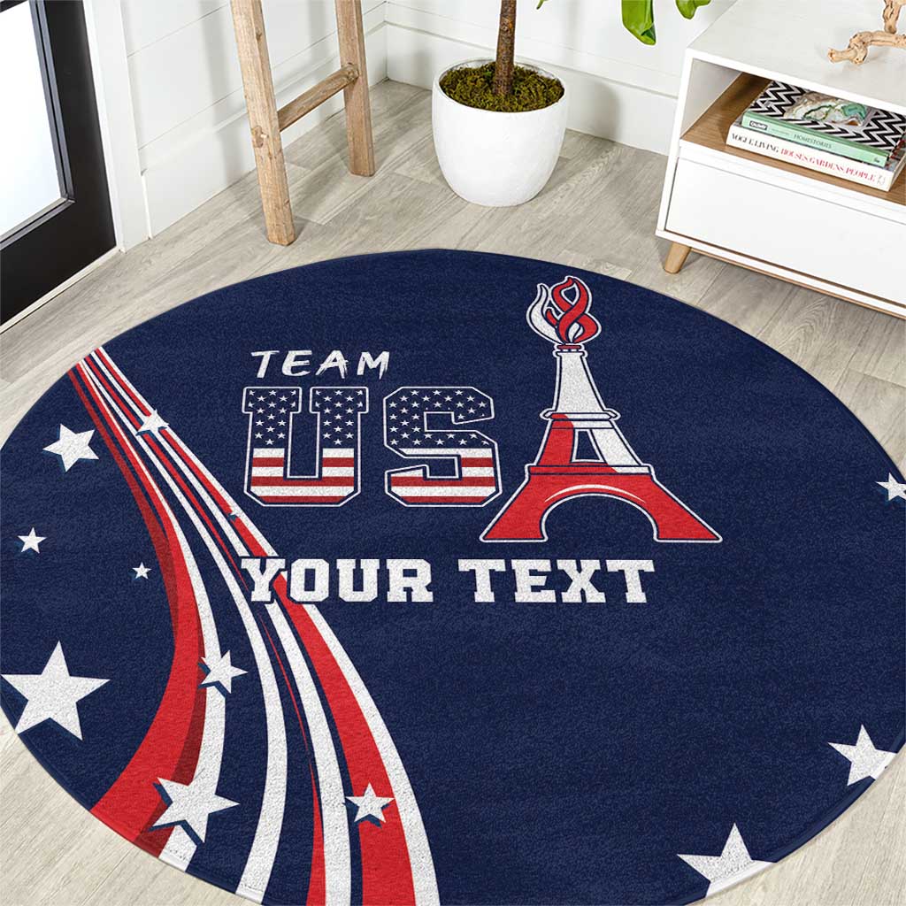 Personalized round blue sports rug with U.S. graphics, Eiffel Tower icon, and custom text