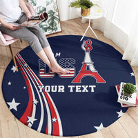 Personalized round blue carpet rug with U.S. design, Eiffel Tower graphic, and custom text