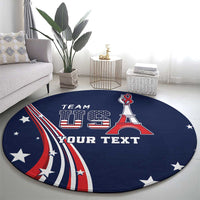 Personalized navy round carpet rug featuring USA letters, Eiffel Tower, stars, and custom text