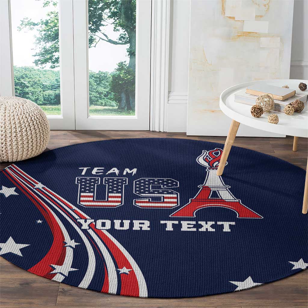 Personalized round blue rug with U.S. flag arc design, Eiffel Tower icon, stars, and text