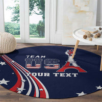 Personalized round blue rug with U.S. flag arc design, Eiffel Tower icon, stars, and text