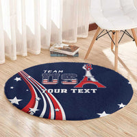Personalized round blue USA-themed rug with Eiffel Tower, stars, and custom text