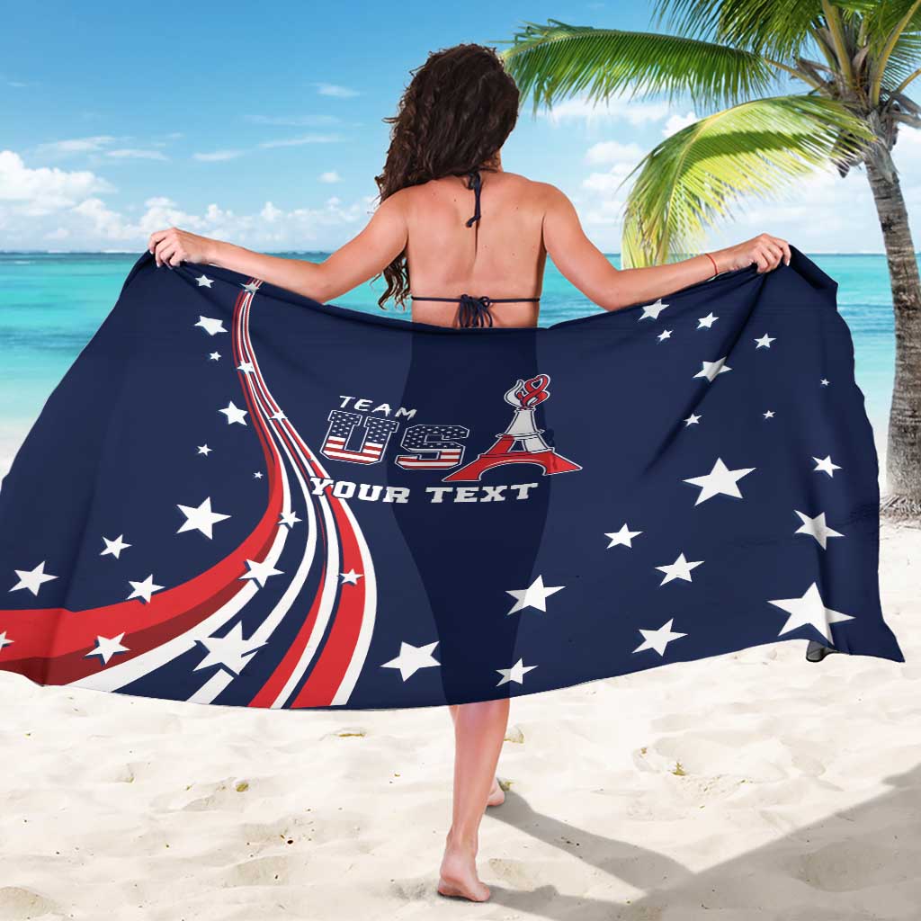 Navy sarong wrap with large stars and red-white Eiffel Tower motif on front
