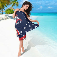 Navy sarong with white stars and red-blue Eiffel Tower graphic, angled side view