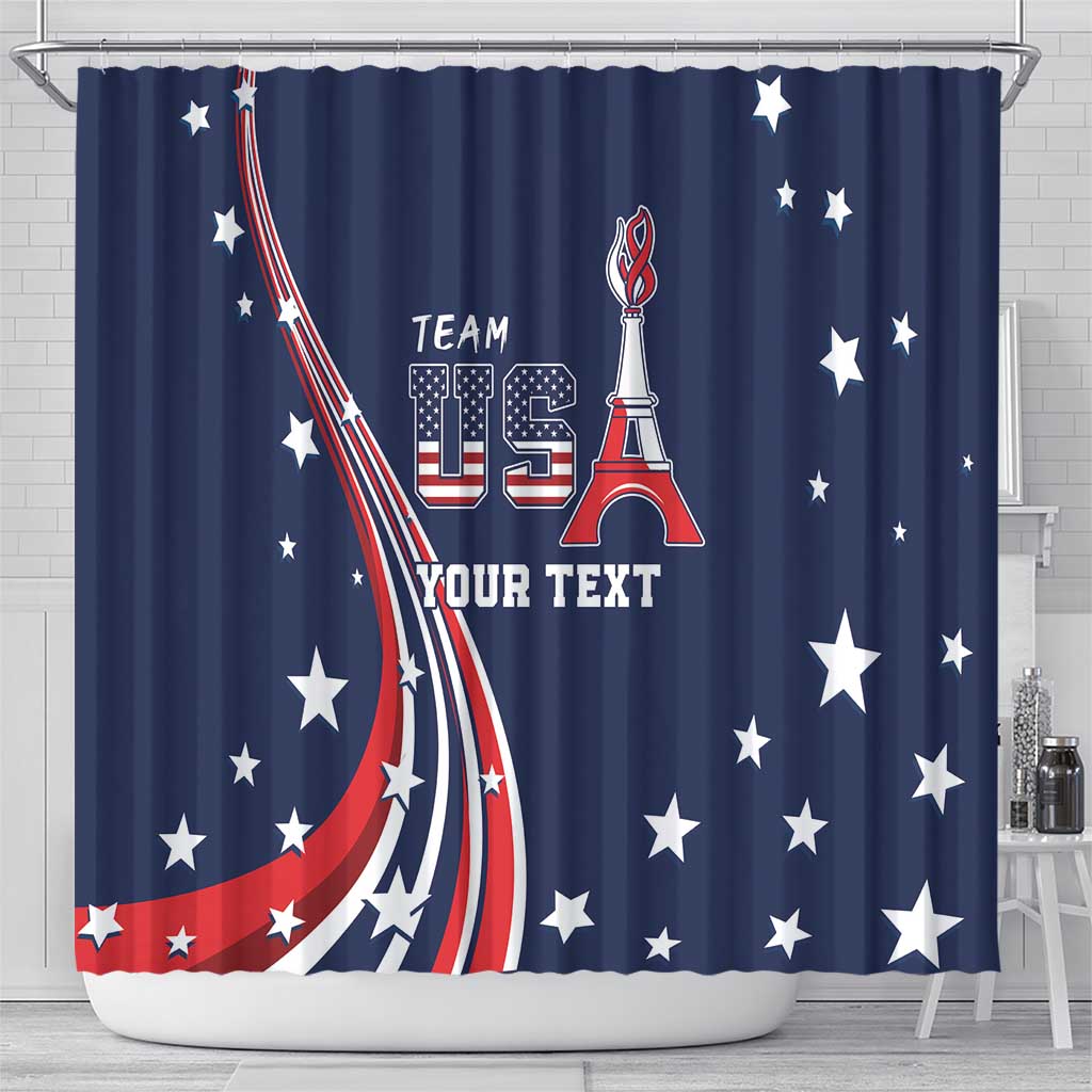 Blue shower curtain with USA crest, Eiffel Tower, white stars, red-white stripes