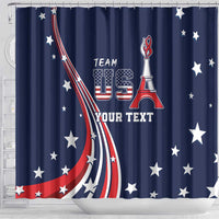 Blue shower curtain featuring USA crest, Eiffel Tower, and 'YOUR TEXT' lettering