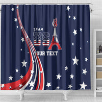 Blue shower curtain with USA crest, Eiffel Tower, white stars, red-white swoosh