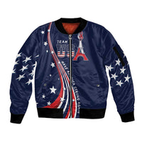 Unisex blue zip bomber jacket with star sleeves and front Eiffel Tower graphic
