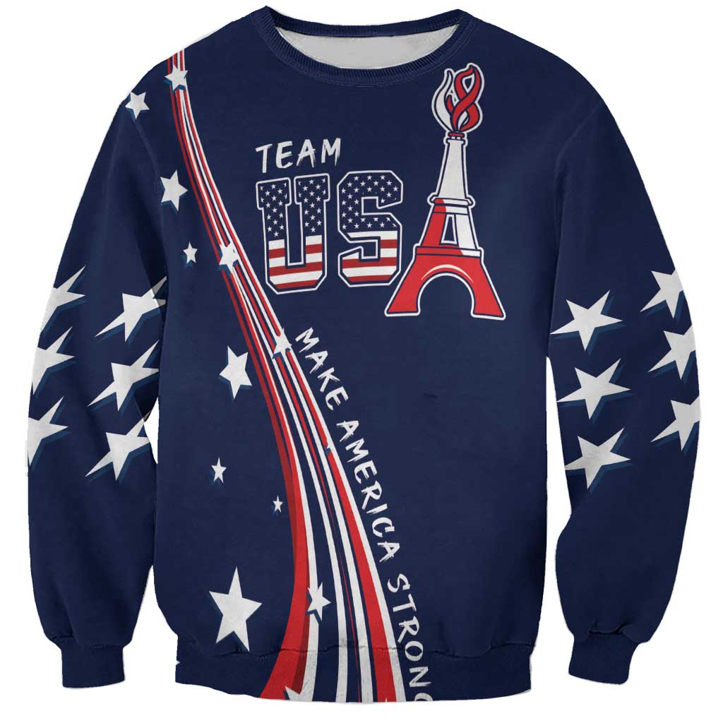 Navy unisex sweatshirt with Team USA graphic, Eiffel Tower and red-white stripes