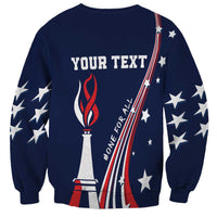 Dark blue unisex sweatshirt back with your text, flame trophy, stars and stripes