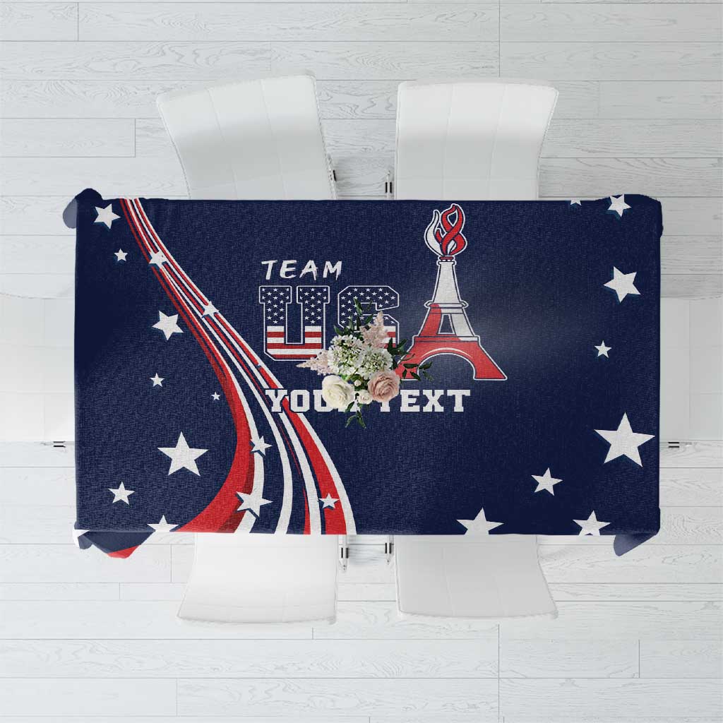 Navy rectangular tablecloth with large star shapes and central US-themed Eiffel graphic