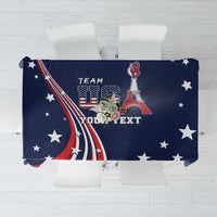 Navy rectangular tablecloth with large star shapes and central US-themed Eiffel graphic
