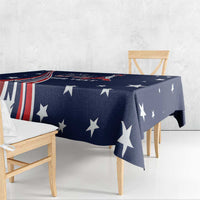 Navy tablecloth with white stars and red-striped banner pattern, draped over table corners
