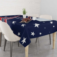 Navy tablecloth with scattered white stars and bold red-and-white stripe detail on table