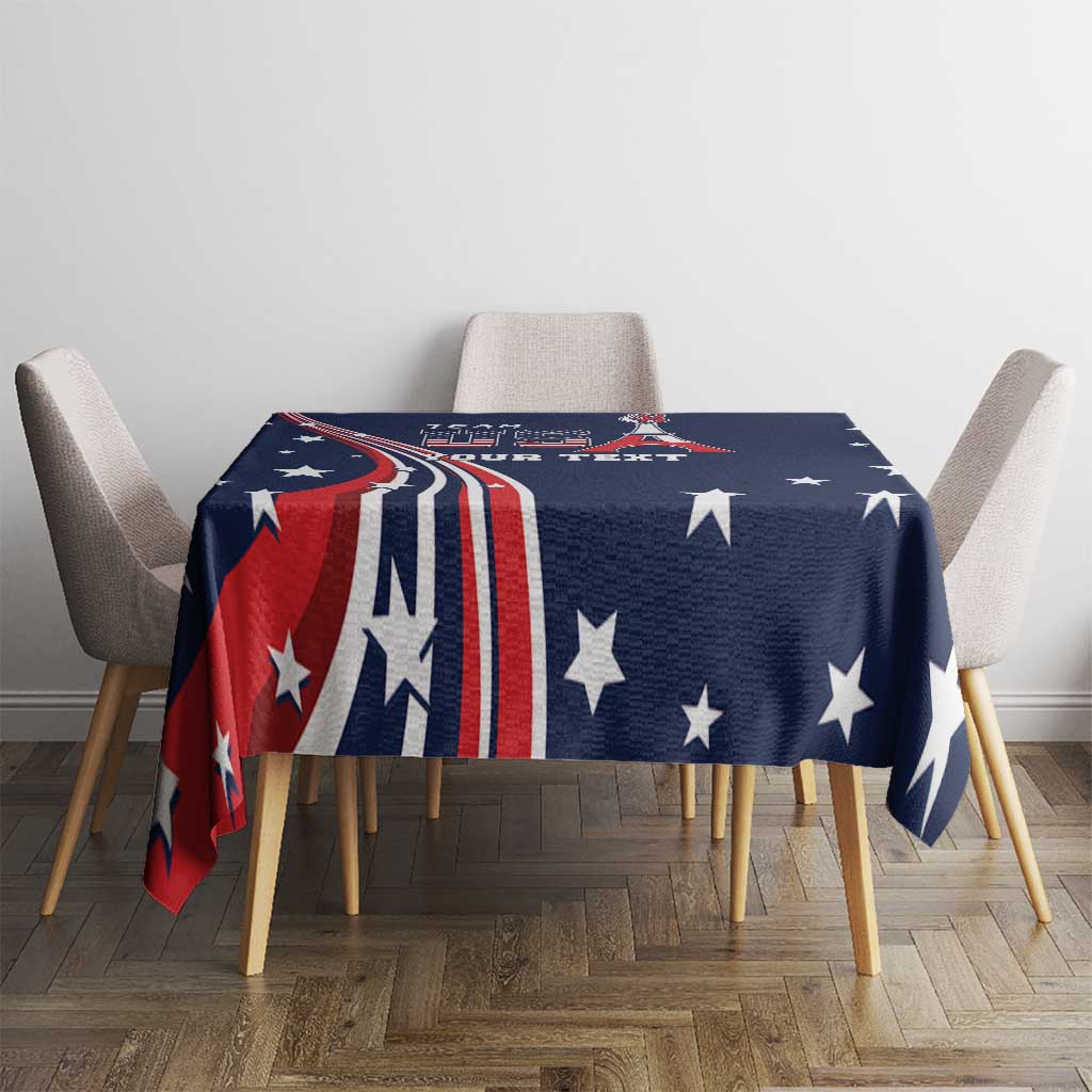 Navy tablecloth with red, white, and blue star-and-stripe design, centered on tabletop