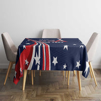 Navy tablecloth with red, white, and blue star-and-stripe design, centered on tabletop