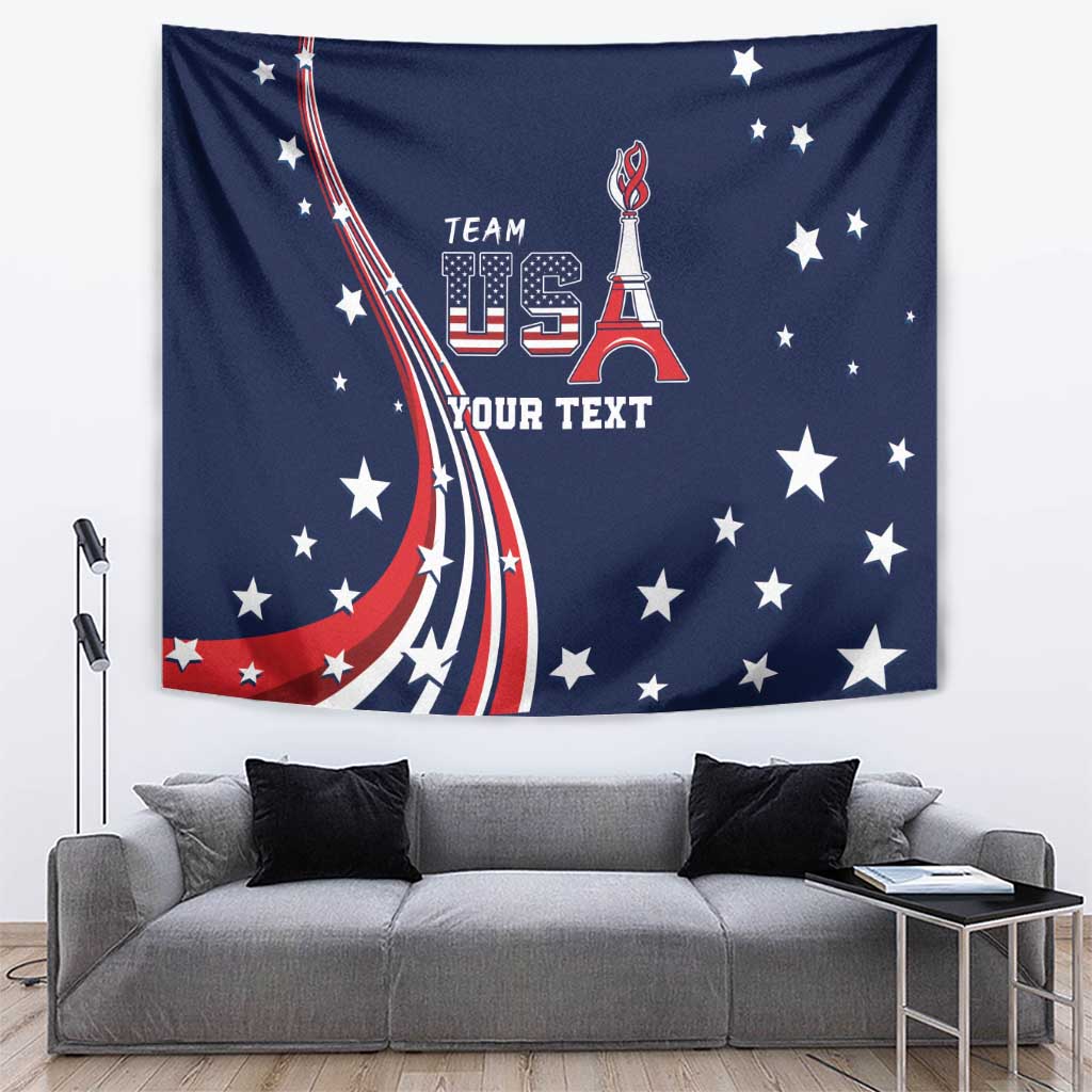 Blue personalized tapestry featuring USA flag, white stars, Eiffel Tower, and your text