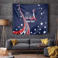 Blue USA-themed tapestry with waving flag, star pattern, Eiffel Tower graphic