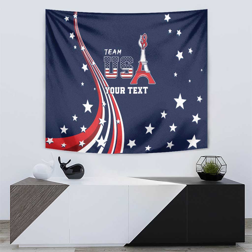Blue personalized wall tapestry with USA flag, stars, Eiffel Tower, and custom text