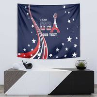 Blue personalized wall tapestry with USA flag, stars, Eiffel Tower, and custom text