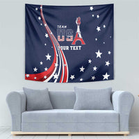 Blue personalized tapestry with USA flag motif, stars, Eiffel Tower, and custom text
