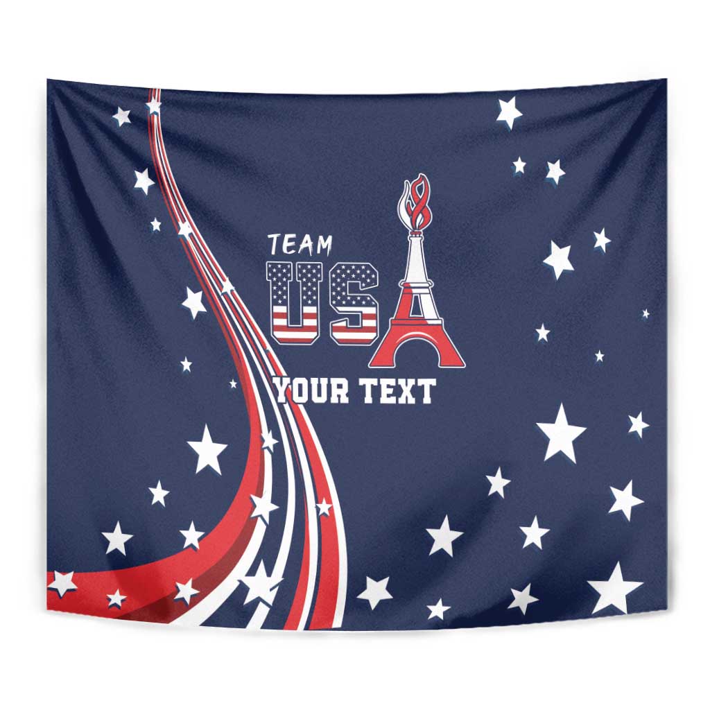 Blue wall tapestry close-up with USA flag, star speckles, Eiffel Tower, and team text