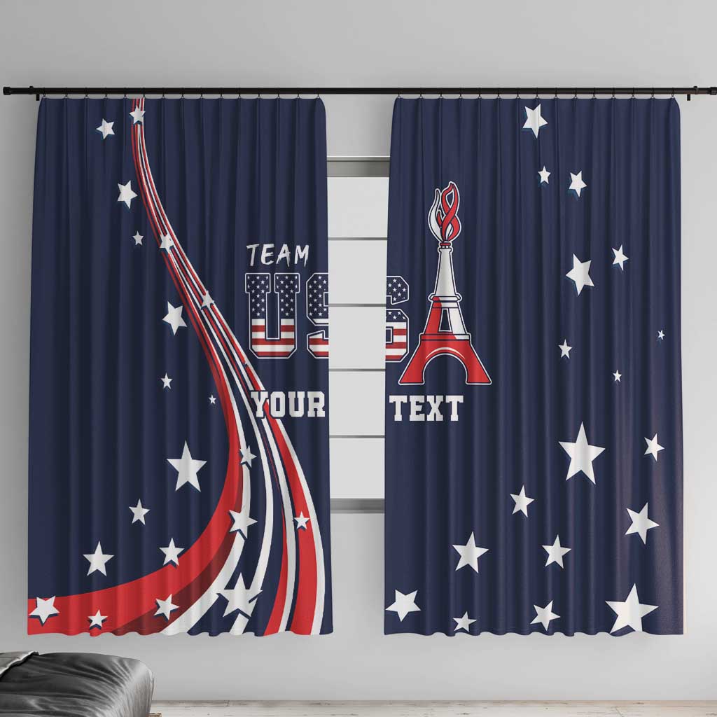 Blue window curtain panels with star and flag-style graphic and Eiffel Tower motif