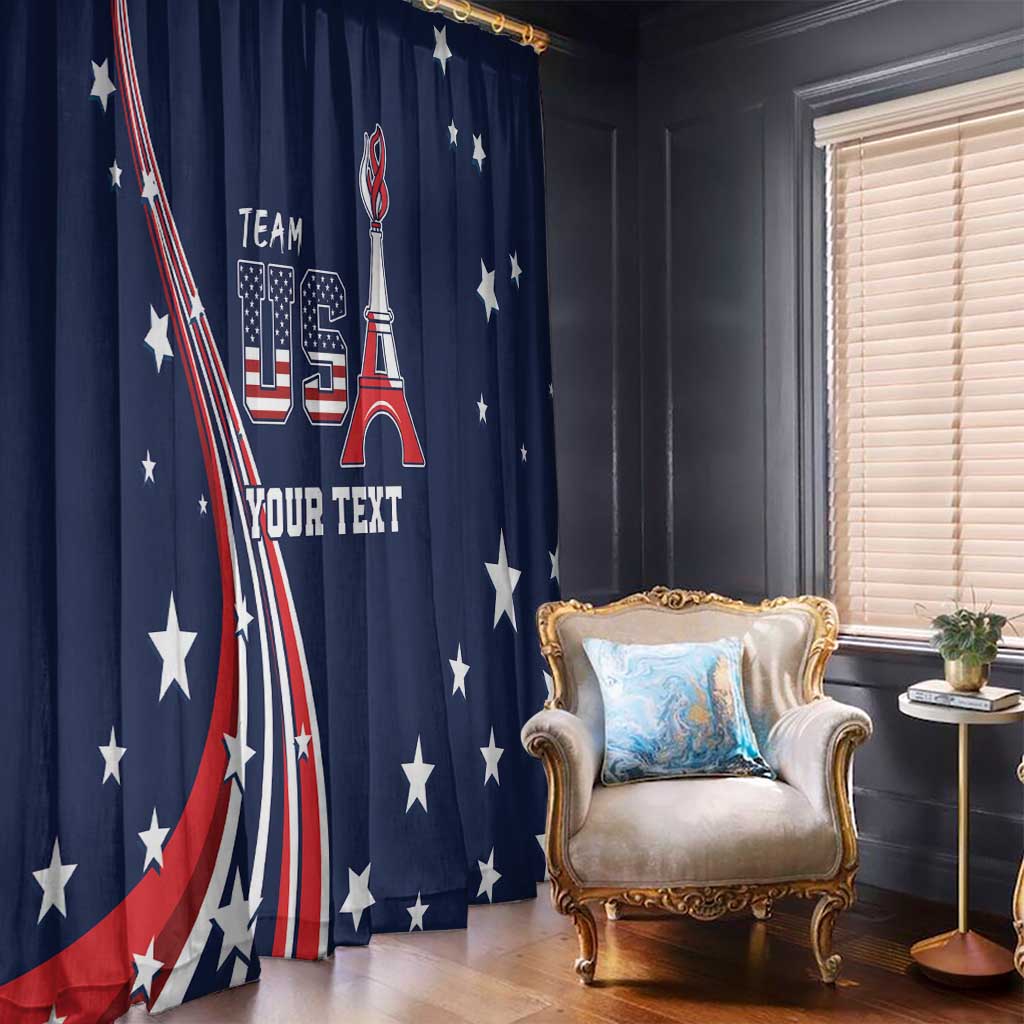 Blue window curtain panels with patriotic star pattern, Eiffel Tower graphic, and text