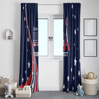 Blue window curtain panels with patriotic flag arc, star pattern, and Eiffel Tower graphic