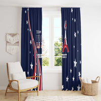 Blue window curtain set with Eiffel Tower graphic on one panel and stars on the other