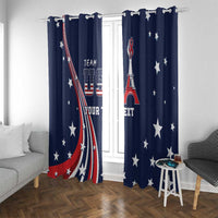 Blue window curtain panels with hanging rings, stars, Eiffel Tower graphic, and “TEXT”