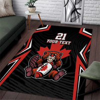 Area rug with beaver graphic, black base, red/white accents, "YOUR TEXT" and 21
