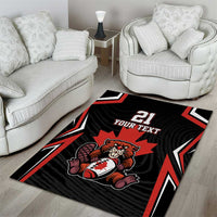 Area rug with beaver graphic and bold stripes, black with red/white, "YOUR TEXT" 21