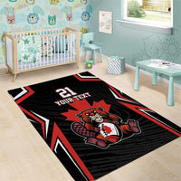 Area rug for a kids room, black beaver graphic with red/white stripes, "YOUR TEXT" 21