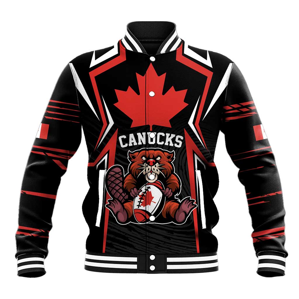 Red and black varsity baseball jacket with front maple leaf and mascot graphic