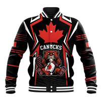 Red and black varsity baseball jacket with front maple leaf and mascot graphic