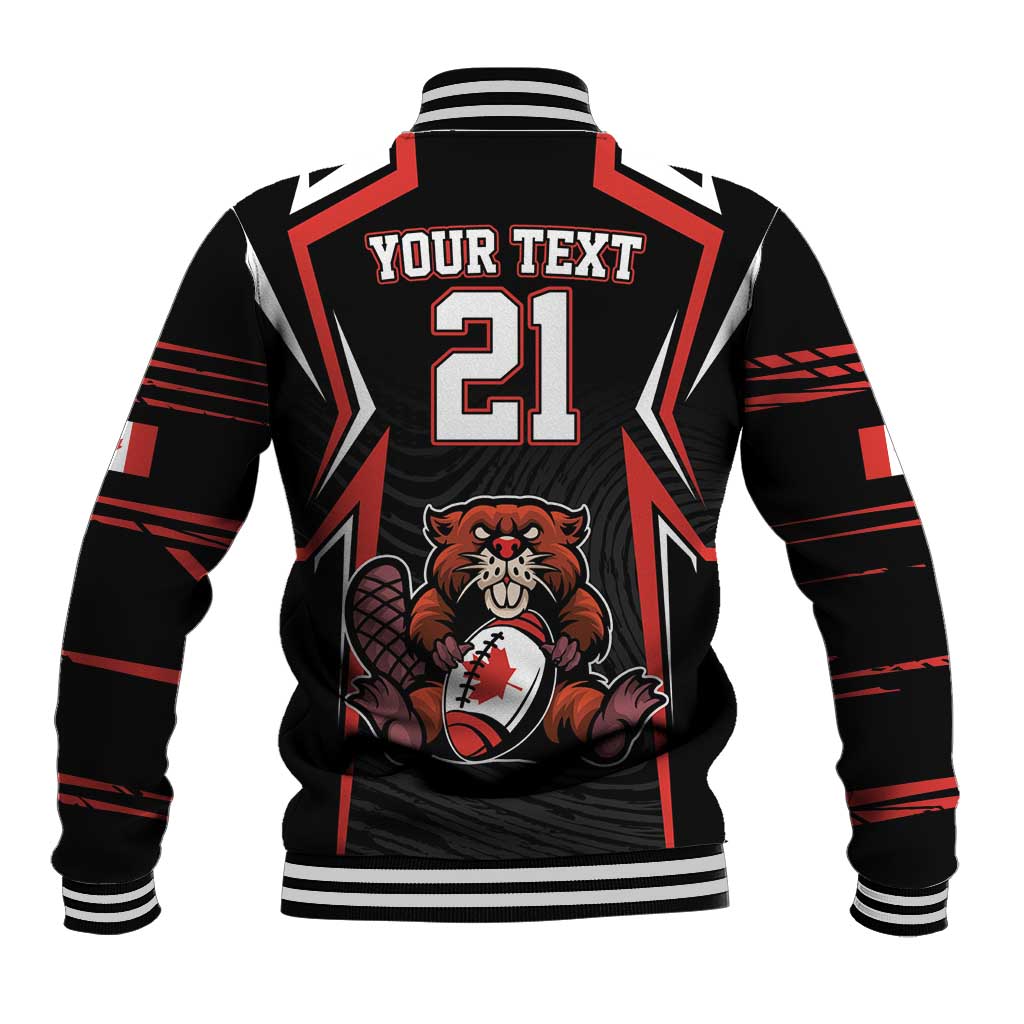 Black baseball jacket with back number 21, mascot graphic, and striped sleeves