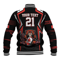Black baseball jacket with back number 21, mascot graphic, and striped sleeves