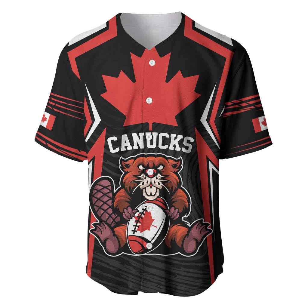 Custom black baseball jersey with red accents, front CANUCKS logo and mascot graphic