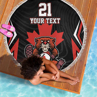 Round beach blanket, black with red maple leaf and beaver football graphic, fringed trim