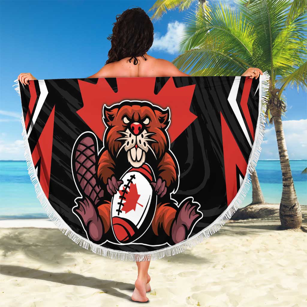 Round beach blanket, black with red maple leaf and beaver mascot, white fringe trim