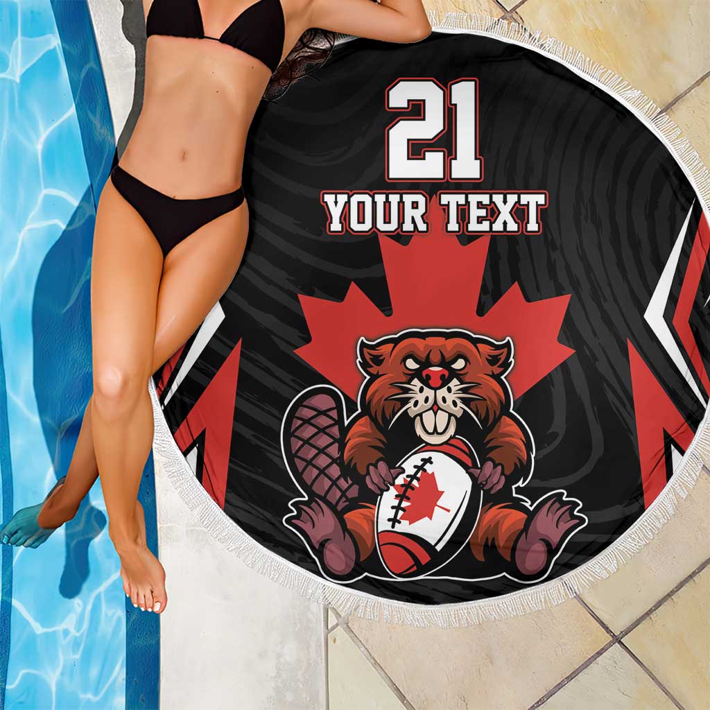 Round beach blanket, black with red maple leaf and beaver, fringe edge, “21 YOUR TEXT”