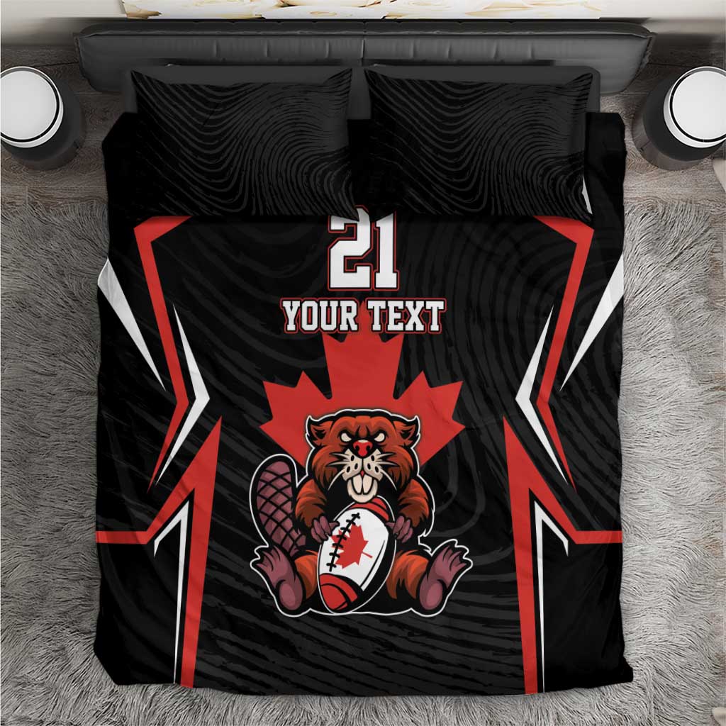 Black and red rugby-themed bedding set with bear graphic and “YOUR TEXT” on comforter