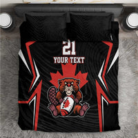 Black and red rugby-themed bedding set with bear graphic and “YOUR TEXT” on comforter