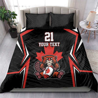 Black, red, and white bedding set with bear mascot, number 21, and “YOUR TEXT” print