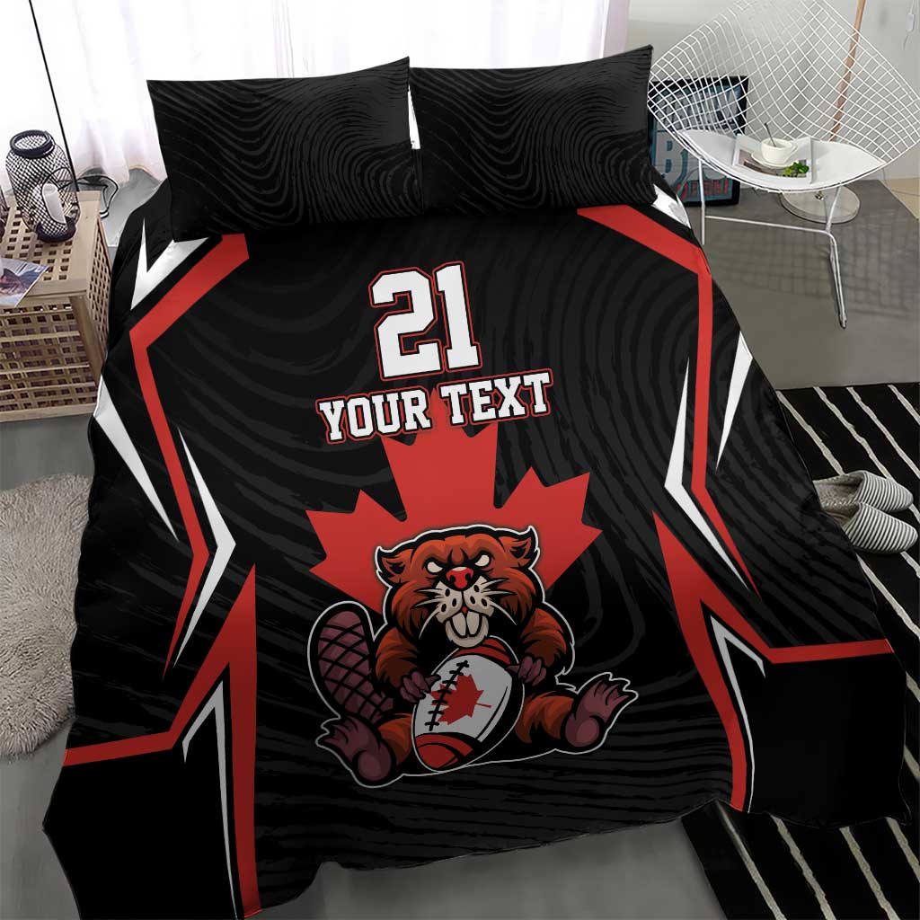 Black and red bedding set showing bear emblem, number 21, and “YOUR TEXT” center design