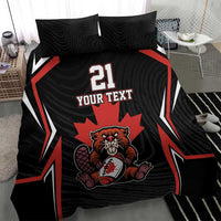 Black and red bedding set showing bear emblem, number 21, and “YOUR TEXT” center design