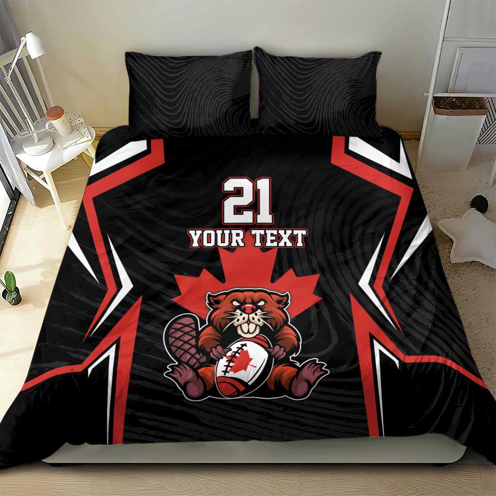 Black bedding set with red accents, bear mascot, number 21, and “YOUR TEXT” on comforter